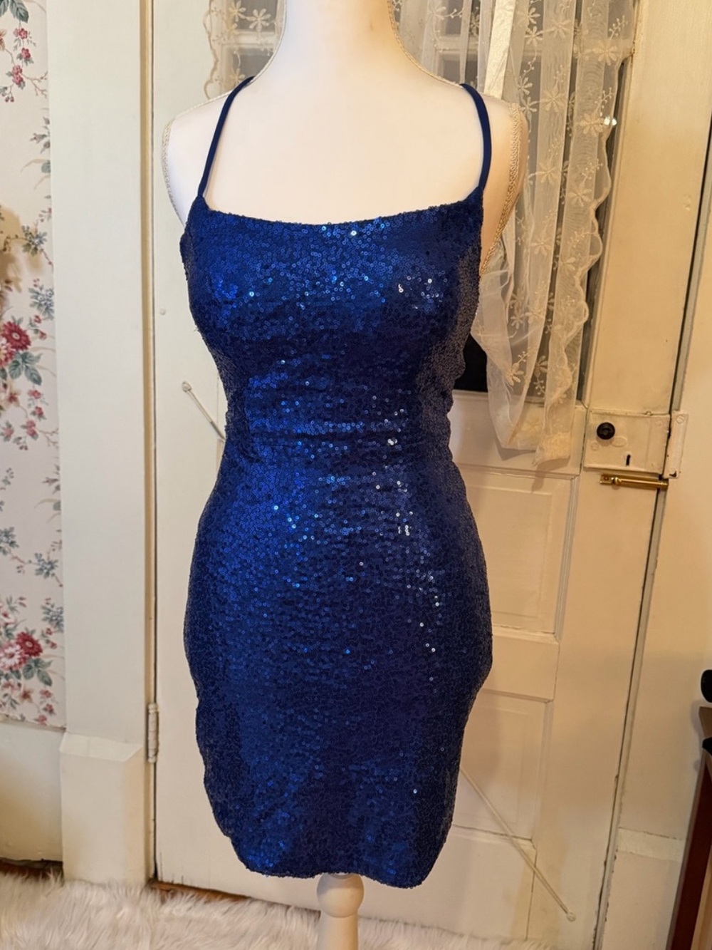Royal Blue Sequin Lace-Up Back Mini Dress Approx. XS homecoming